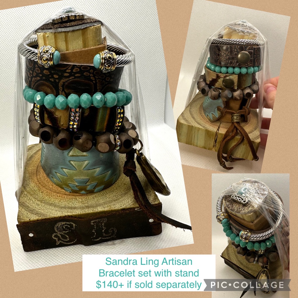 $140 New Sandra Ling Leather Bangle & Stretch Bracelet Set Stack Tower Stand